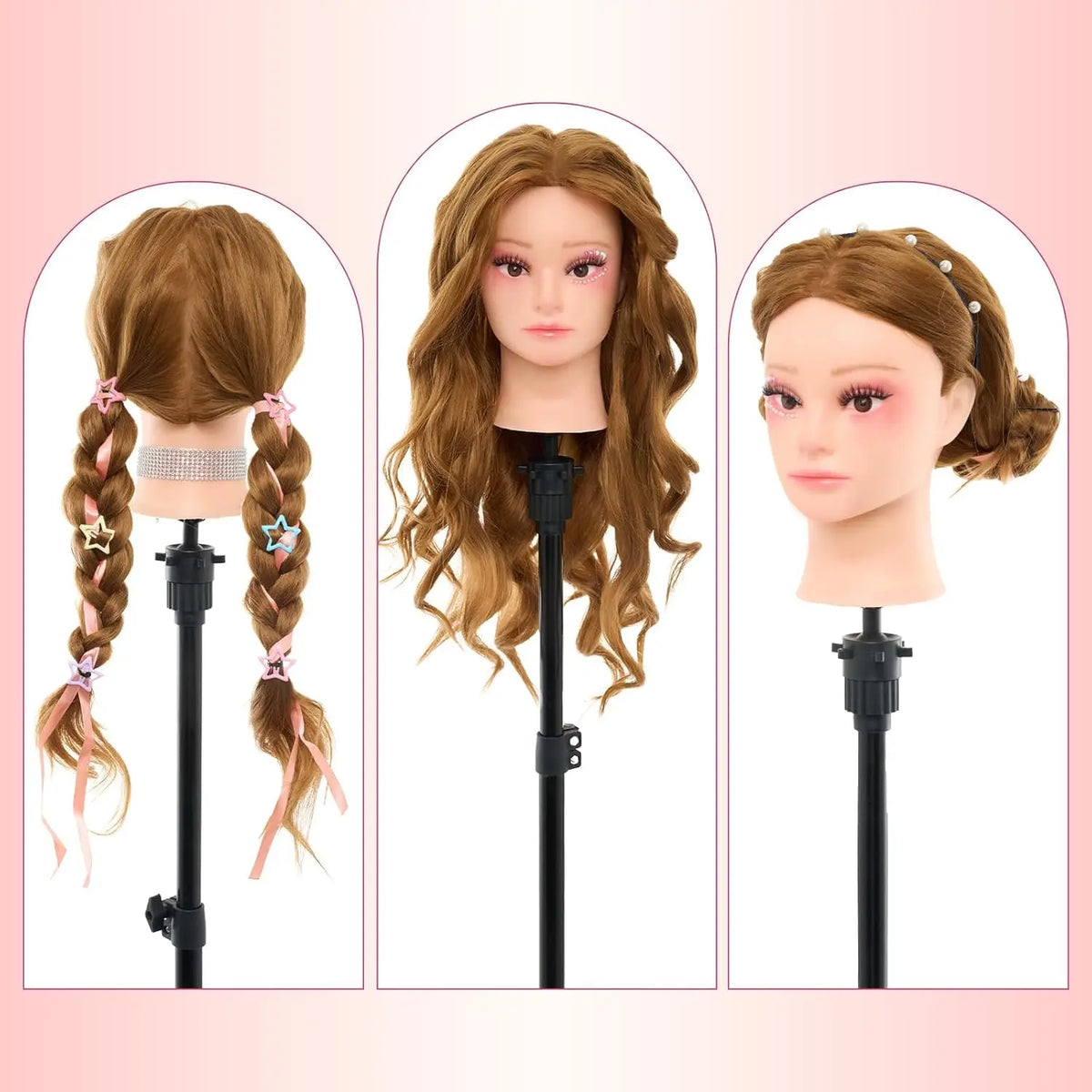 Three professional cosmetology practice mannequin heads with long brown hair displayed on black stands.