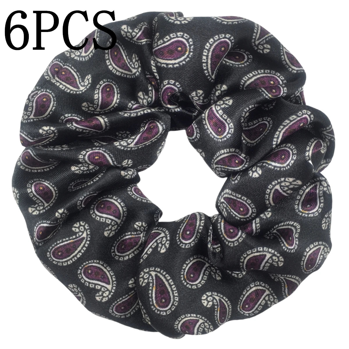 Un set de seis gomas de tela con estampado floral de satén en patrones negros y morados.
