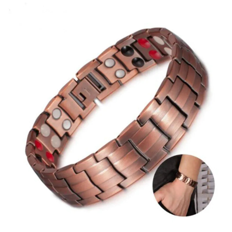 A close-up view of a copper magnetic therapy bracelet for pain relief, showing the textured metal band.