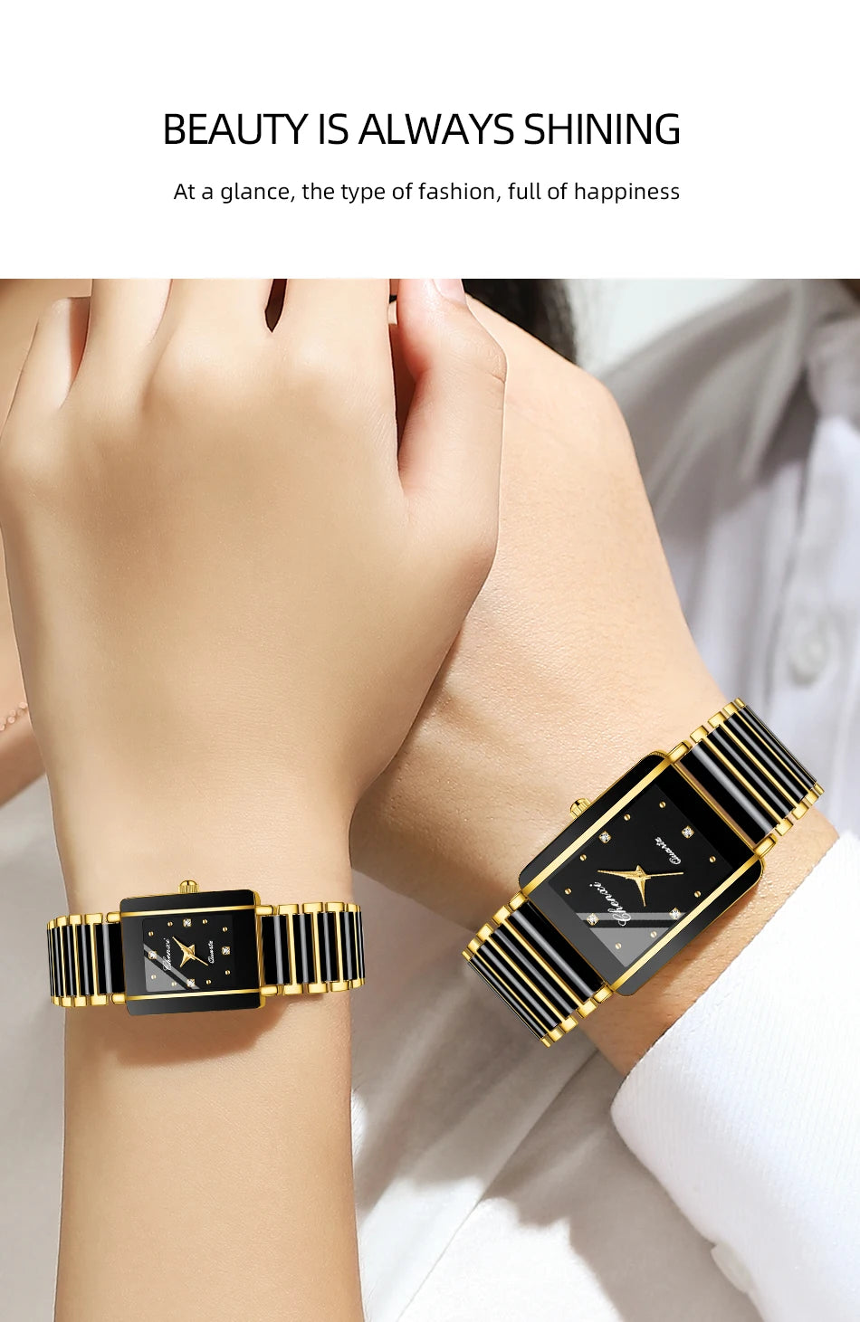 A close-up of a black and gold luxury quartz watch worn on a wrist.