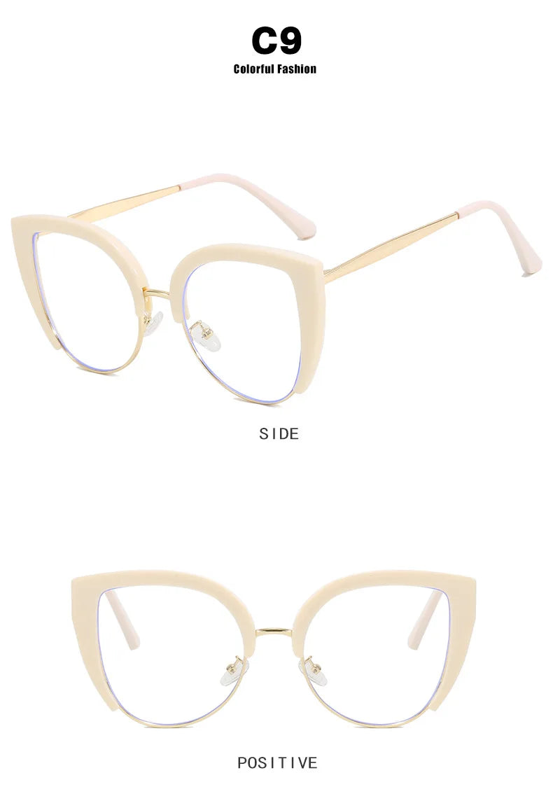 A pair of light beige vintage metal cat eye eyeglasses shown from the side and front views.