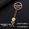 Gold-colored stickman keychain with a circular ring and dimensions listed.