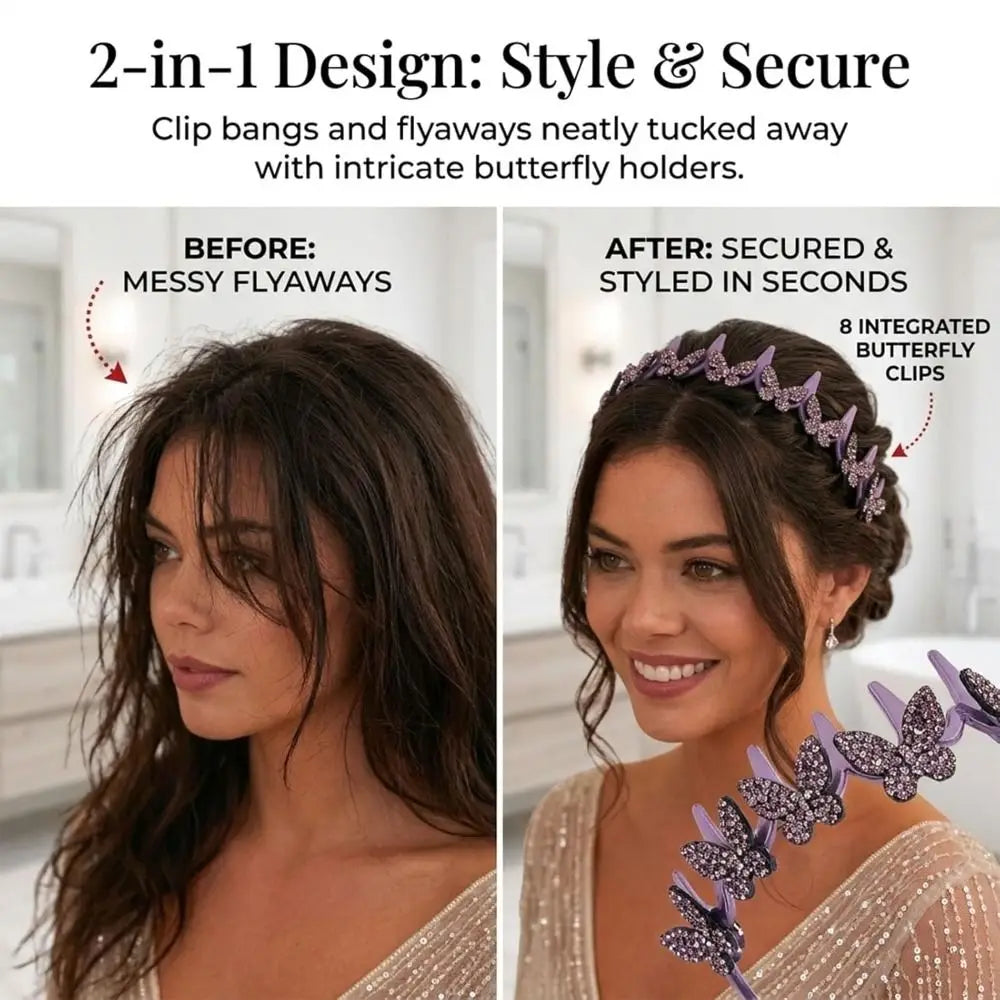 A woman models a sparkling butterfly clip headband used to neatly tuck away bangs and flyaways.