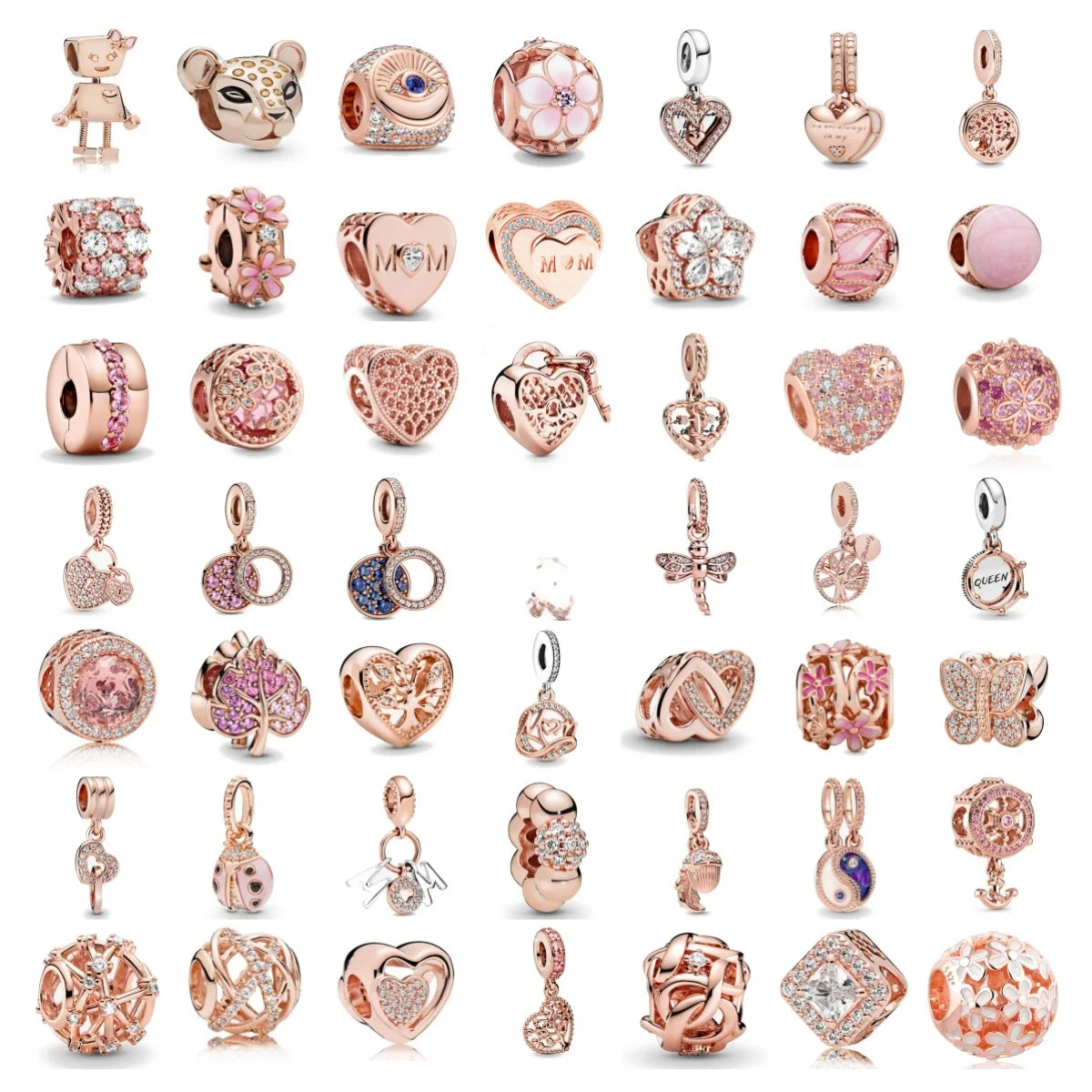 A collection of rose gold charm pendants featuring cherry blossom designs and various floral shapes.