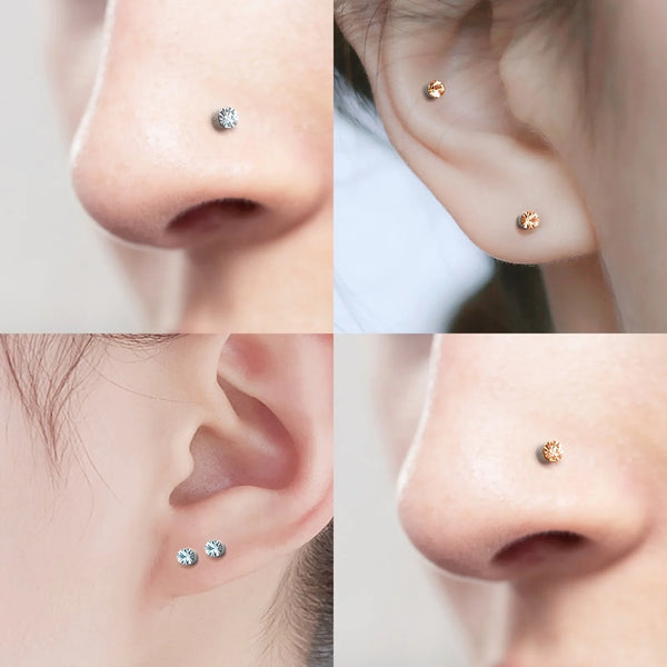 Close-up shots of magnetic nose stud earrings in gold tone with cubic zirconia stones.