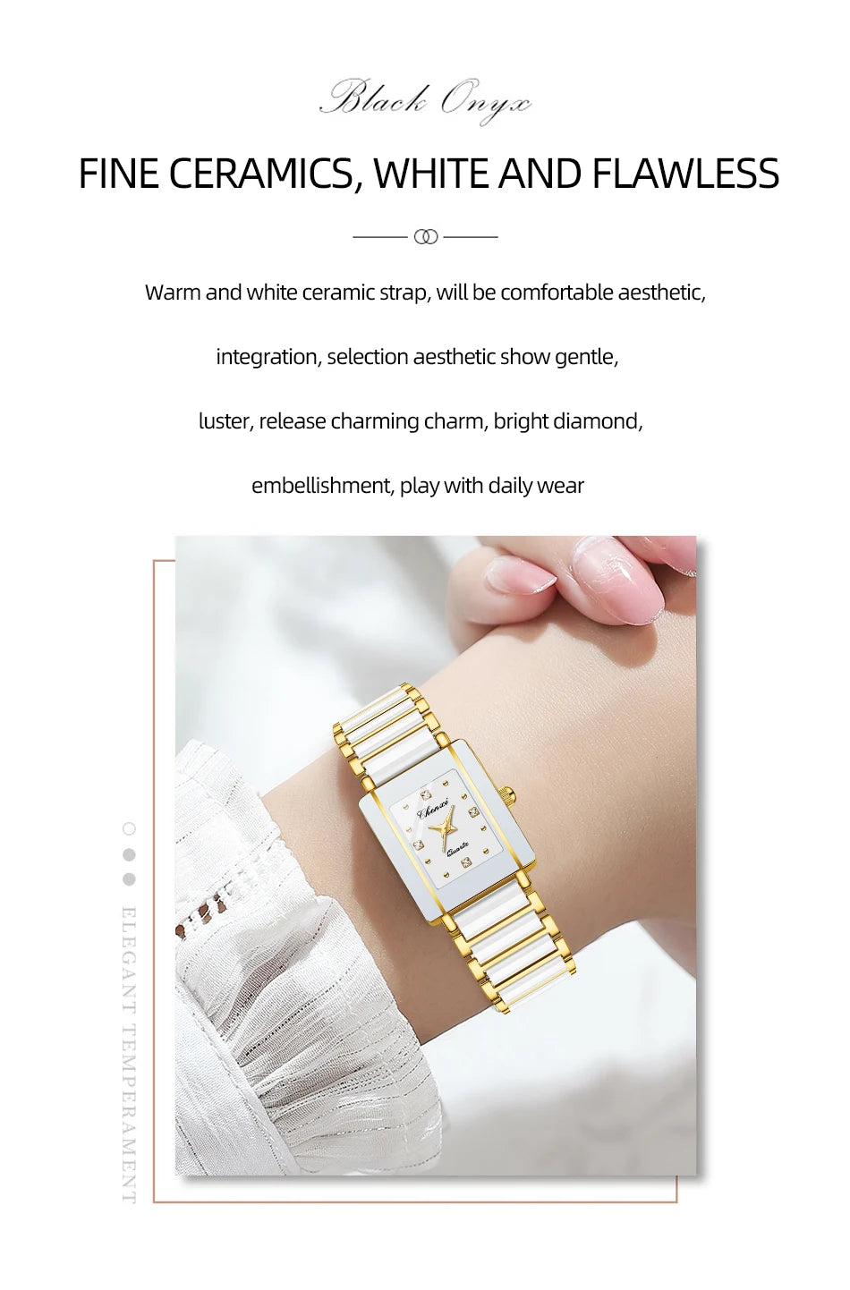 A close-up of a gold and white ceramic fashion wristwatch worn on a wrist, with a white lace garment in the background.
