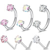 A set of silver horseshoe nose rings featuring pink and clear gemstone designs.