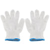 A pair of white cotton thread work gloves with blue trim.