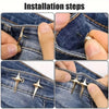 Installation steps showing how to attach star-shaped decorative waist buckle buttons onto denim fabric.