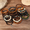 A collection of fashion elastic wood bead bracelets in various shades of brown, black, white, and blue laid on a wooden surfa