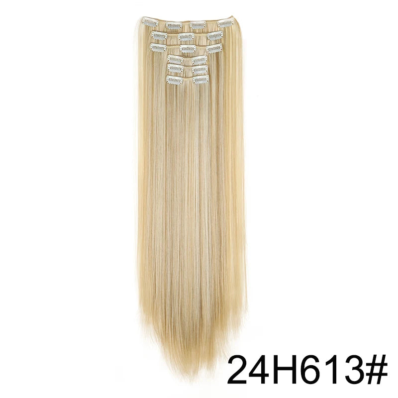 Long straight blonde hair extensions with diamond-shaped hairpieces attached for styling