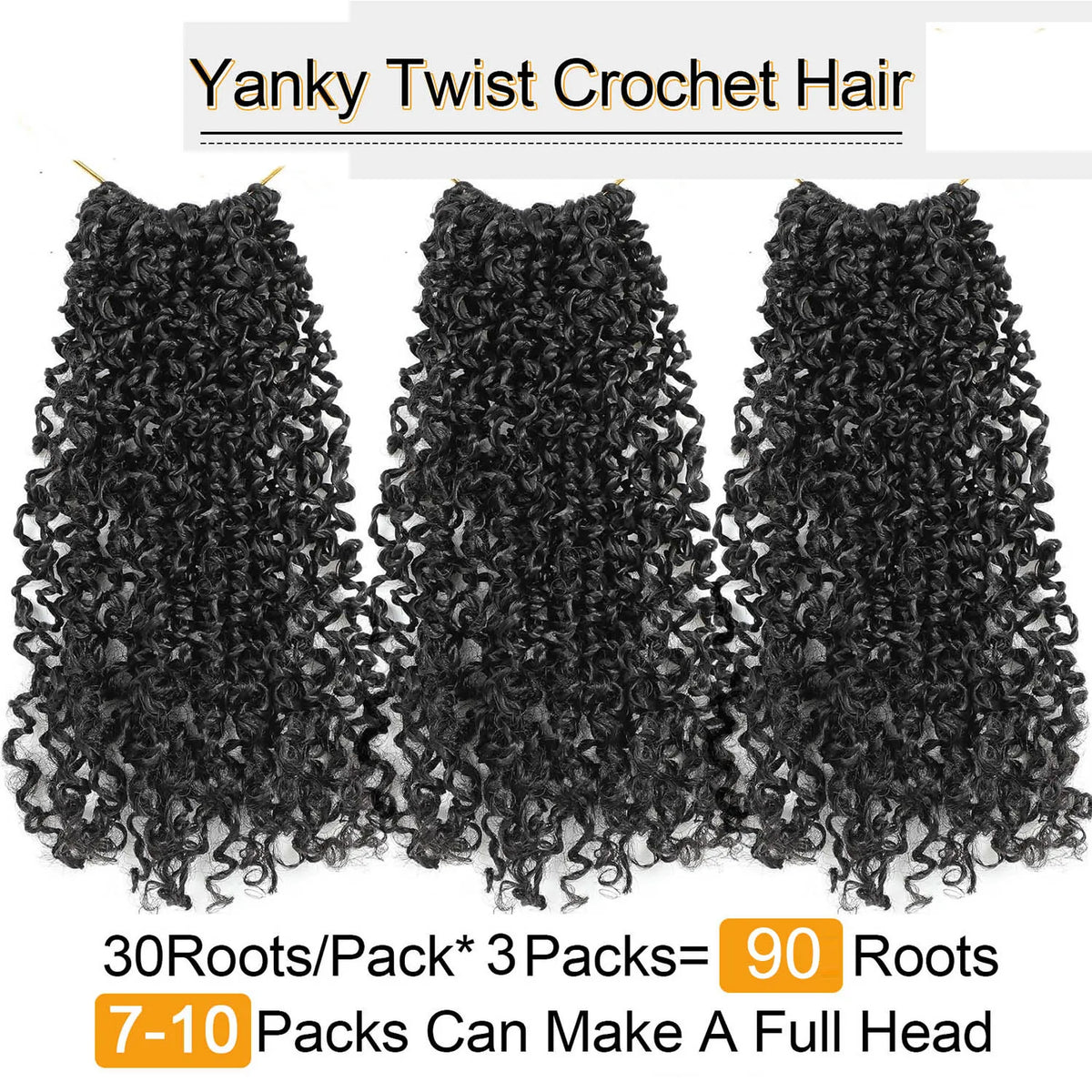 Black Yanky Twist Crochet Hair extensions sold in three packs totaling 90 roots for a full head