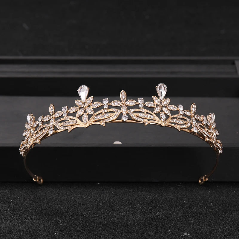 Gold-toned bridal tiara headpiece adorned with clear crystals and rhinestones