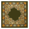 Detailliertes Blumen- und Paisley-Muster in Gold, Olivgrün und Beige auf Stoff.