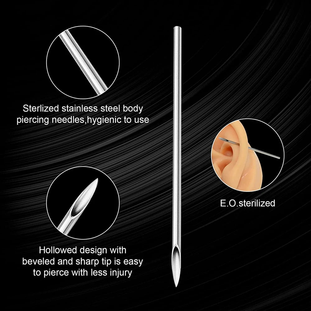 Diagram showing sterilized stainless steel piercing needles, including a body piercing needle and an ear piercing needle.