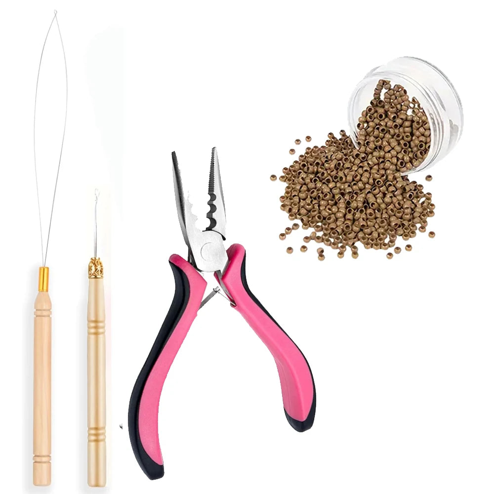 A set of nano copper hair extensions tools including tweezers and pliers, with loose hair extensions in a glass container.