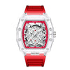 A red and clear quartz watch with a prominent crown and intricate movement visible through the crystal.
