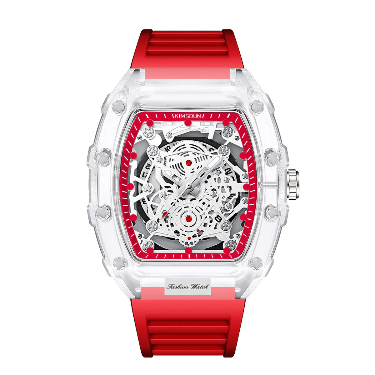 A red and clear quartz watch with a prominent crown and intricate movement visible through the crystal.