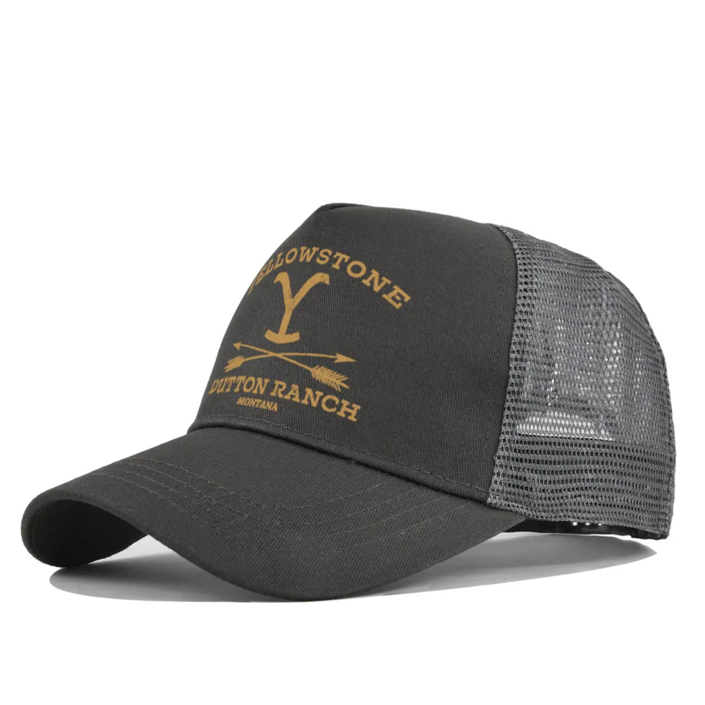 Black mesh baseball cap with yellow stoney embroidery featuring a Y and Dutton Ranch text