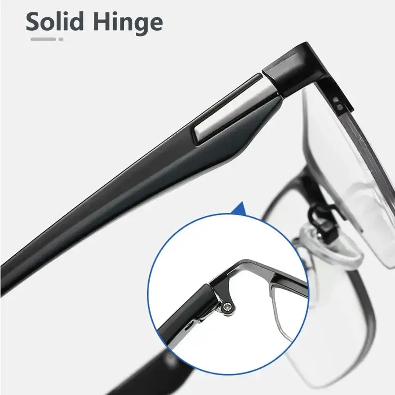 Gros plan d'un mécanisme de charnière solide sur des lunettes noires.