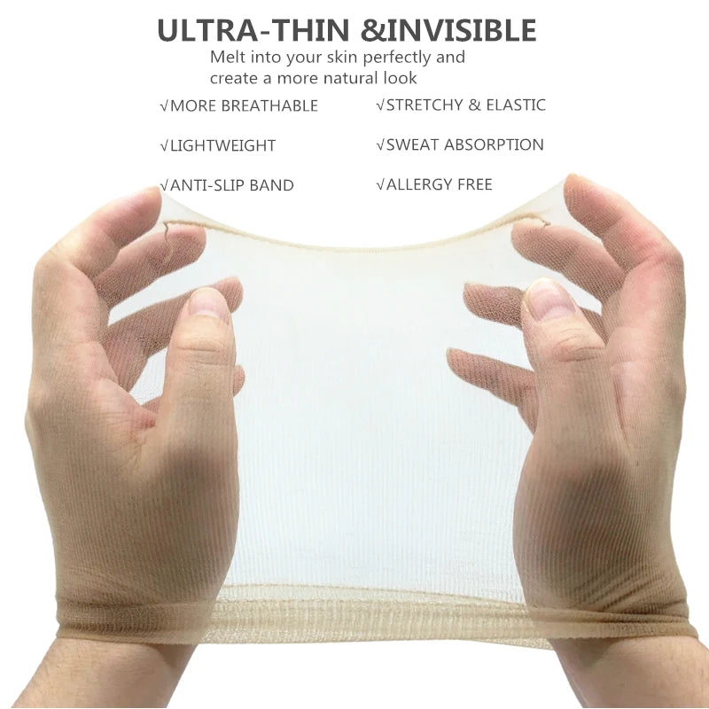 Hands holding a sheer, ultra-thin, invisible wig cap material for natural hair
