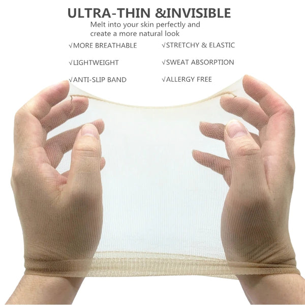 Hands holding a sheer, ultra-thin, invisible wig cap material for natural hair