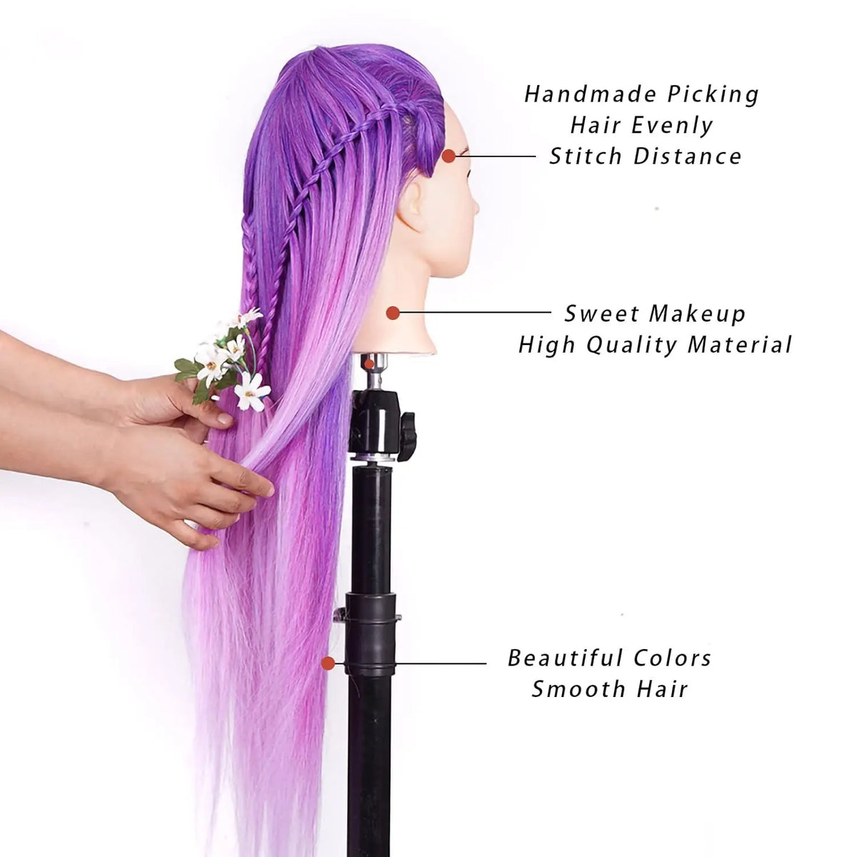 A purple hair extension is displayed on a mannequin head, highlighting features like handmade picking and smooth hair.