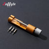 A close-up view of a gold-colored watchband repair tool kit with a threaded mechanism and pins on a dark surface.
