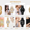 A collection of gold-plated quartz fashion watches and bracelets displayed for sale.