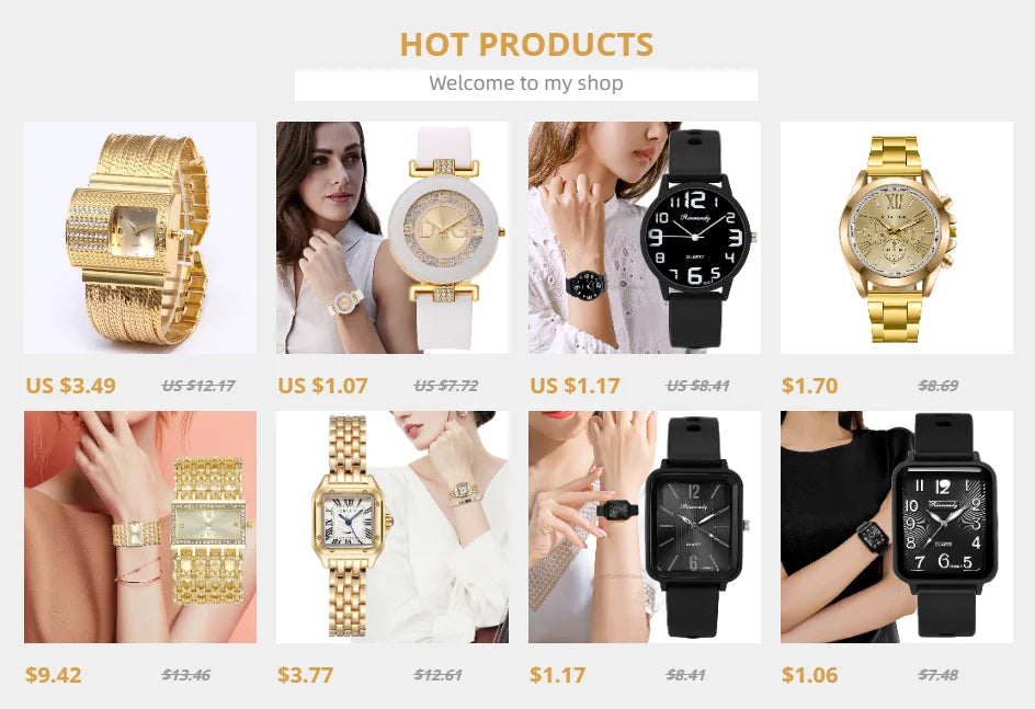 A collection of gold-plated quartz fashion watches and bracelets displayed for sale.