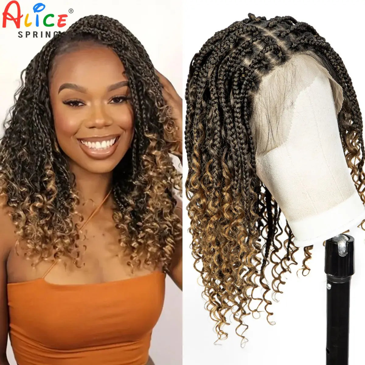 A woman modeling a long, curly brown wig with box braids and blonde highlights.