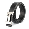 A black genuine leather dress belt with a silver buckle shown from the side.