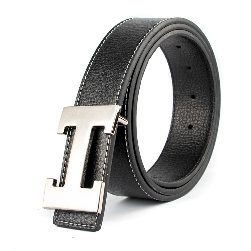 A black genuine leather dress belt with a silver buckle shown from the side.