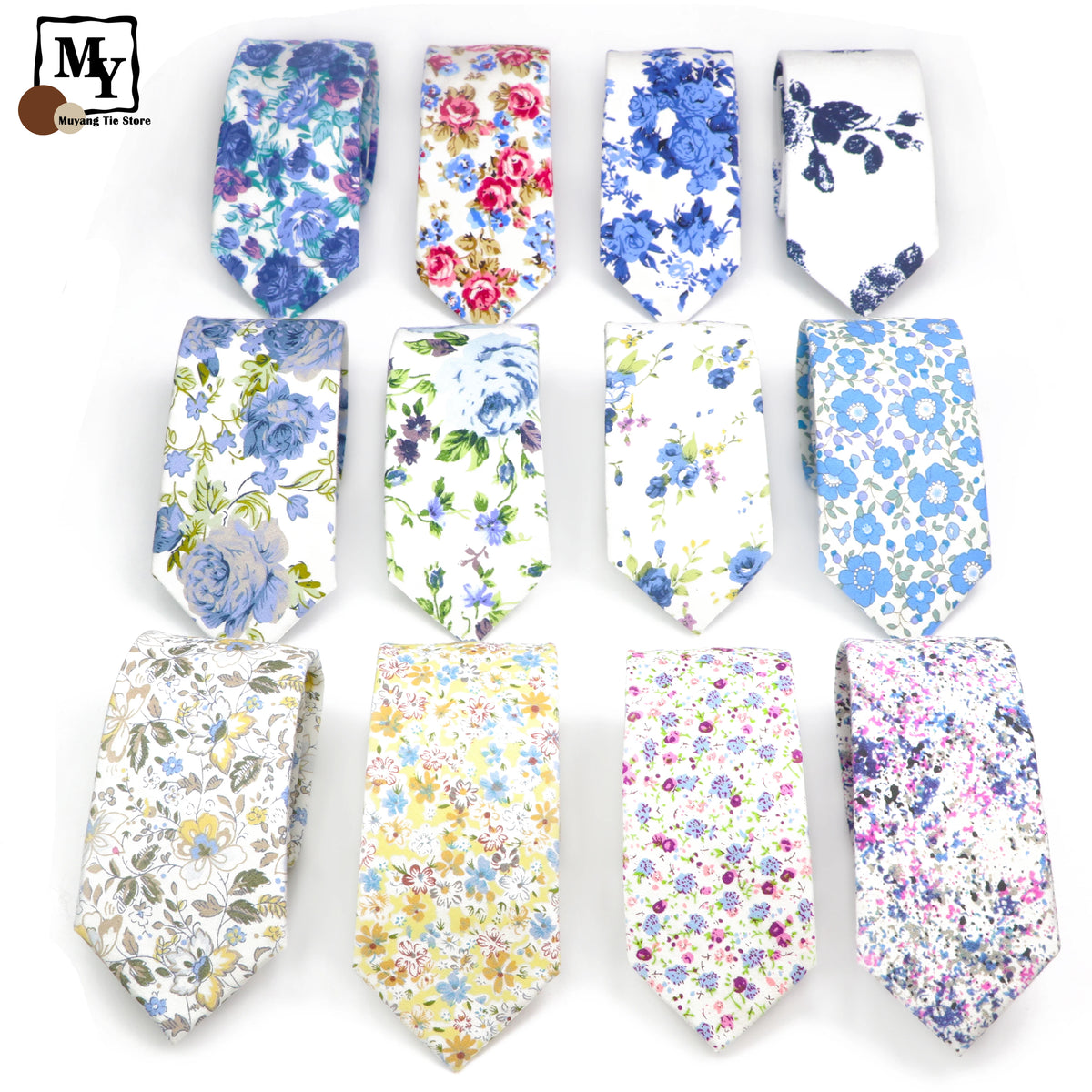 Collection de nœuds à col en coton imprimés de fleurs élégants dans diverses couleurs bleu, rose et blanc.