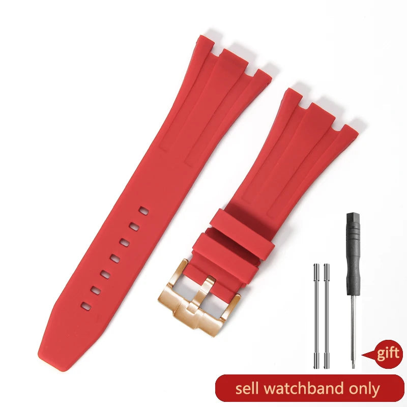 A red silicone watch band with a buckle is shown alongside its packaging and a text indicating it is for sale only.