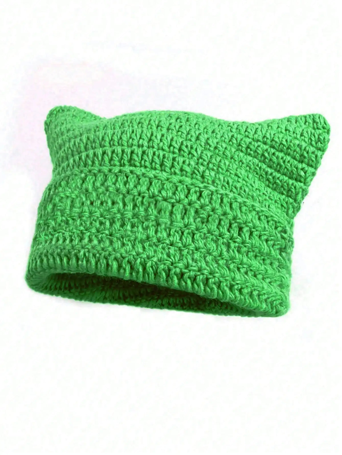 A bright green crocheted beanie hat with ear flaps.