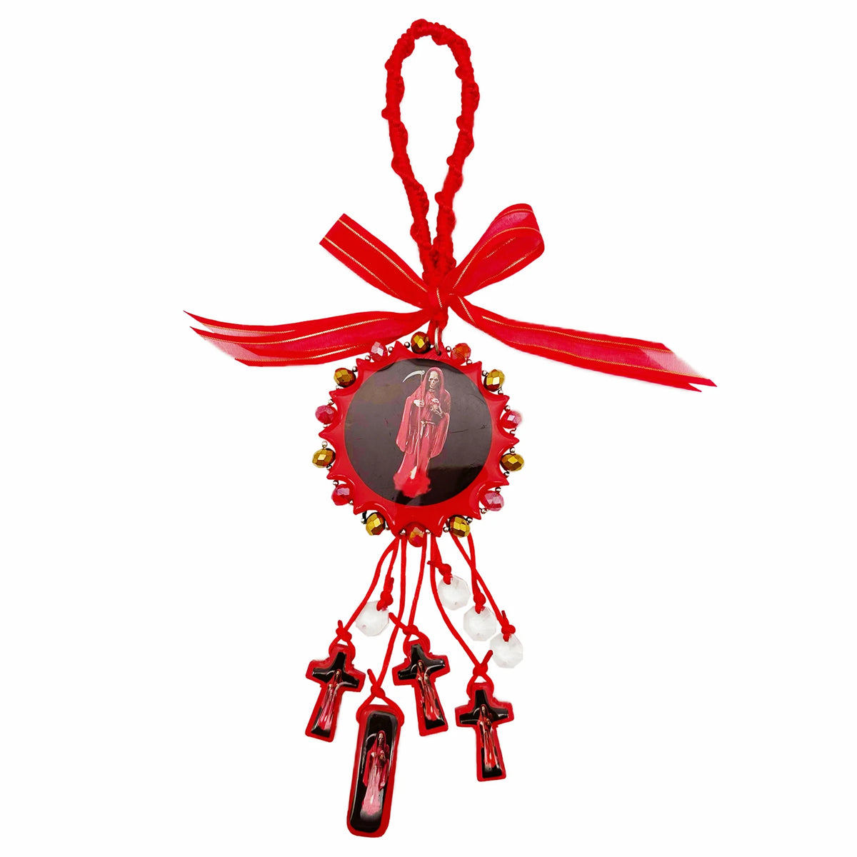 A red wooden cross pendant with a decorative ribbon and hanging charms.