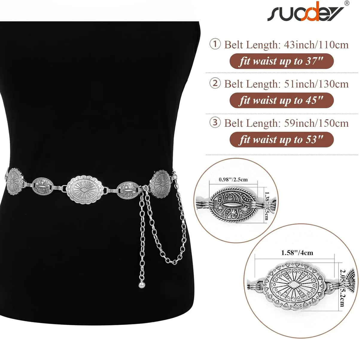 Ceinture à chaîne en métal argenté, portée sur un torse noir avec options de taille.