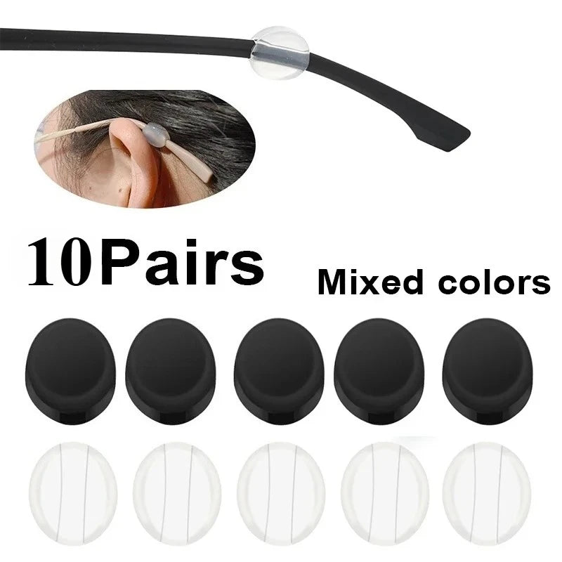 Ten pairs of black and clear silicone ear hooks for glasses