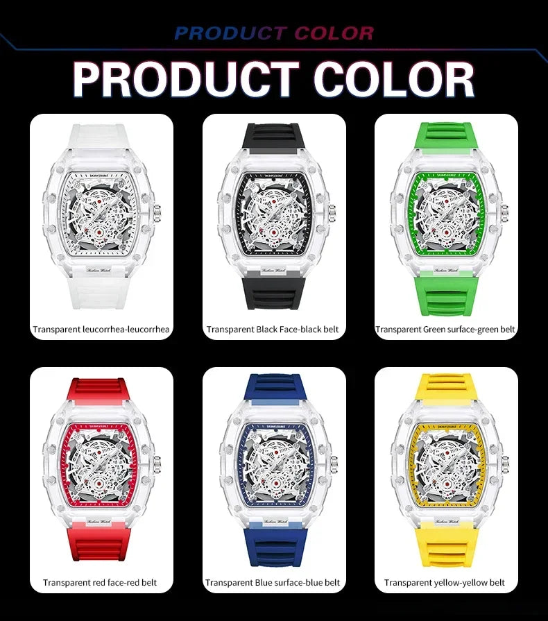 A collection of transparent quartz watches in various colors including white, black, green, red, and blue.