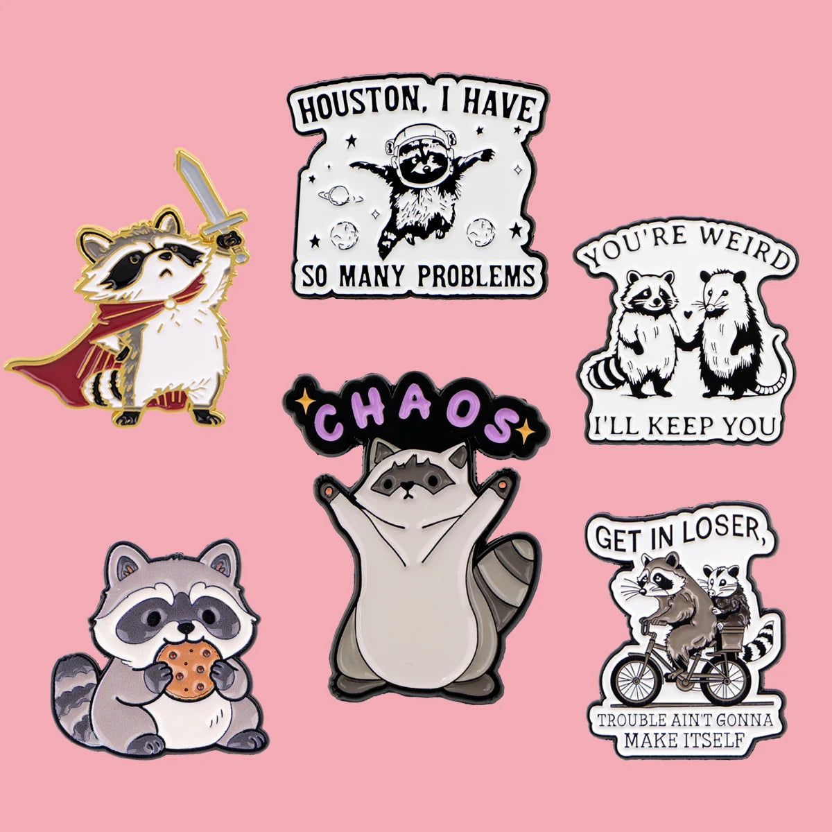 A set of enamel brooches featuring various cute animal characters including a monkey, a cat, and a panda.