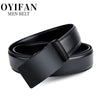 Black genuine leather belt with a buckle shown from the side.