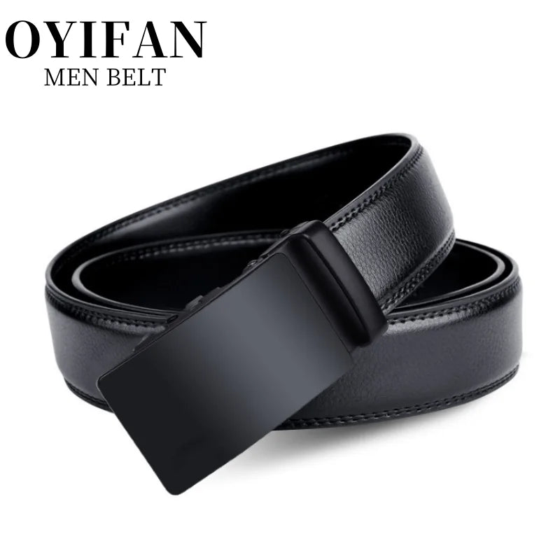Black genuine leather belt with a buckle shown from the side.