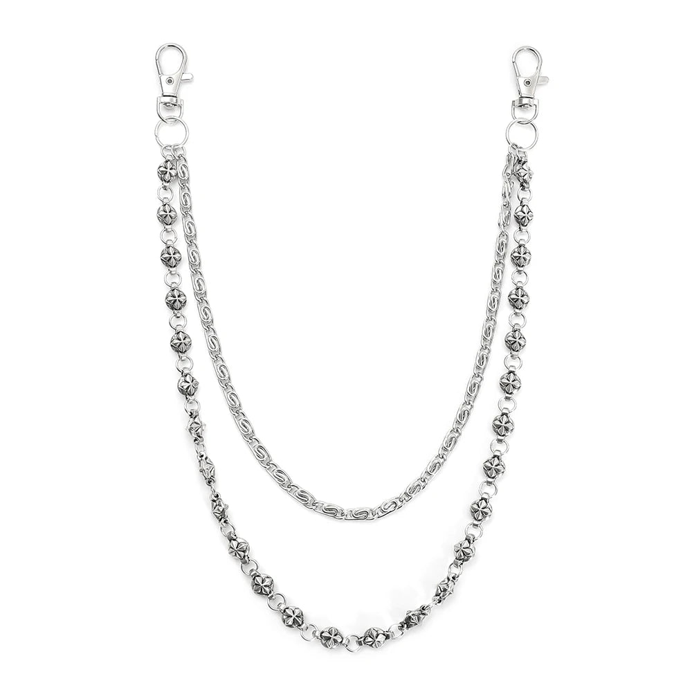 A personalized double-layer waist chain accessory made of silver-toned metal.