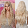 Sandy blonde golden wavy cosplay wig with long bangs displayed on a model.