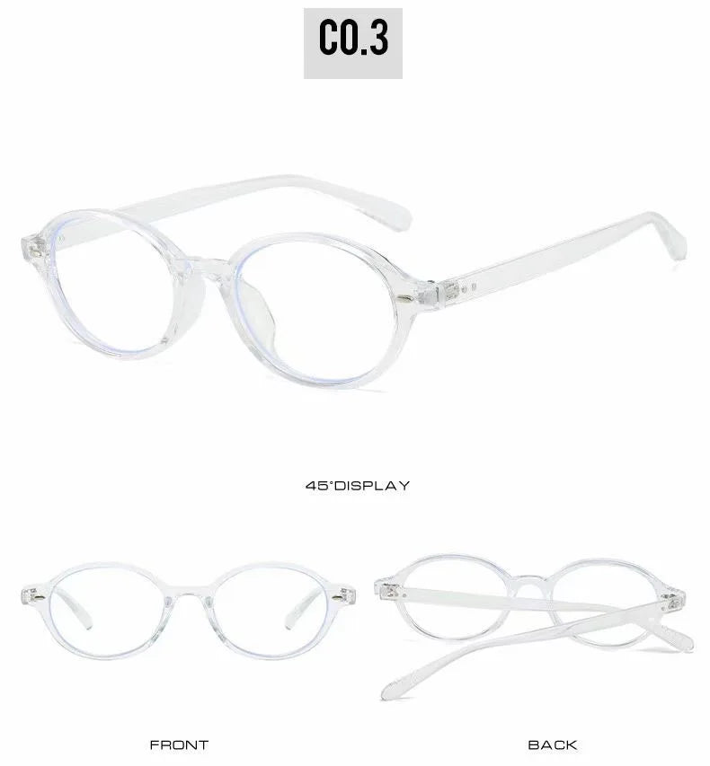 A pair of clear round computer glasses shown from the front and back views.