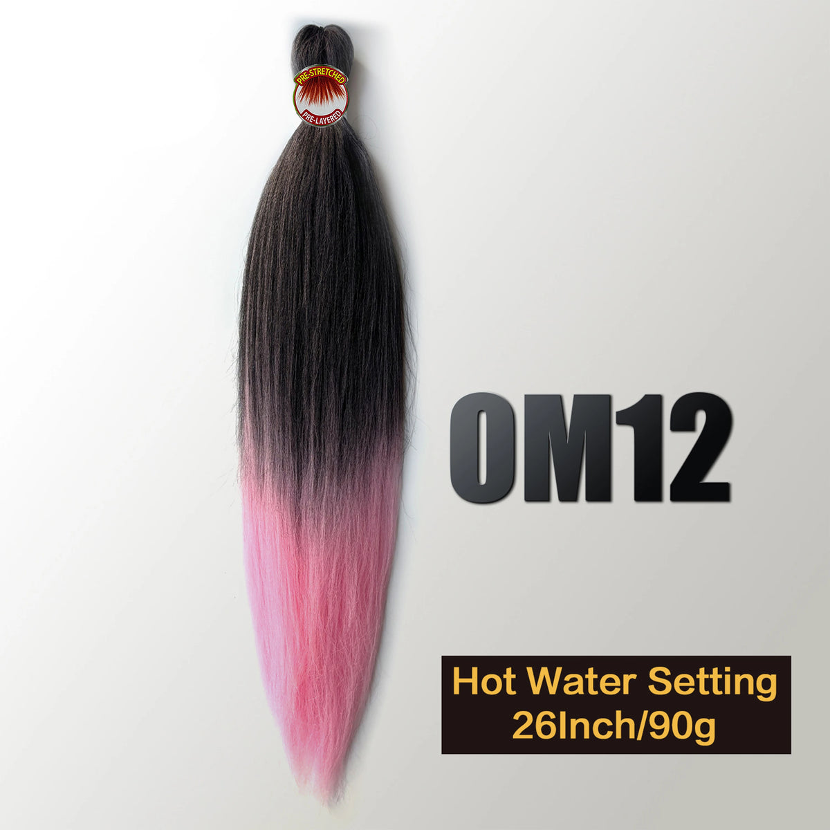 A bundle of black and pink pre-stretched Kanekalon braiding hair extensions with a heat setting label.