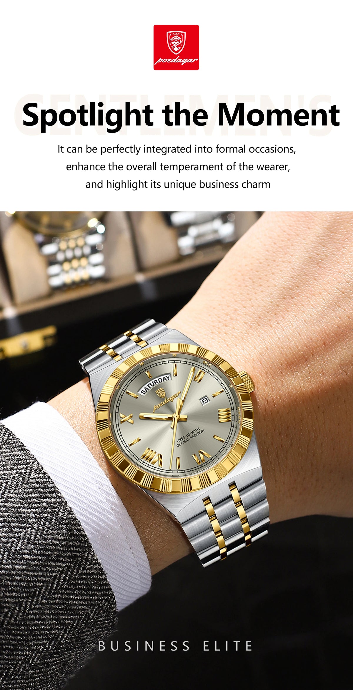 A close-up of a gold and silver luminous quartz wristwatch worn on a wrist, set against a dark background.