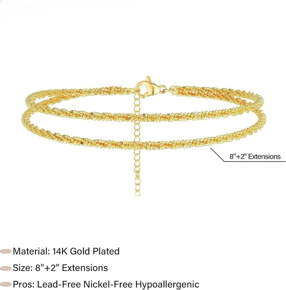 Gold plated adjustable beaded anklet with 8 plus 2 extensions