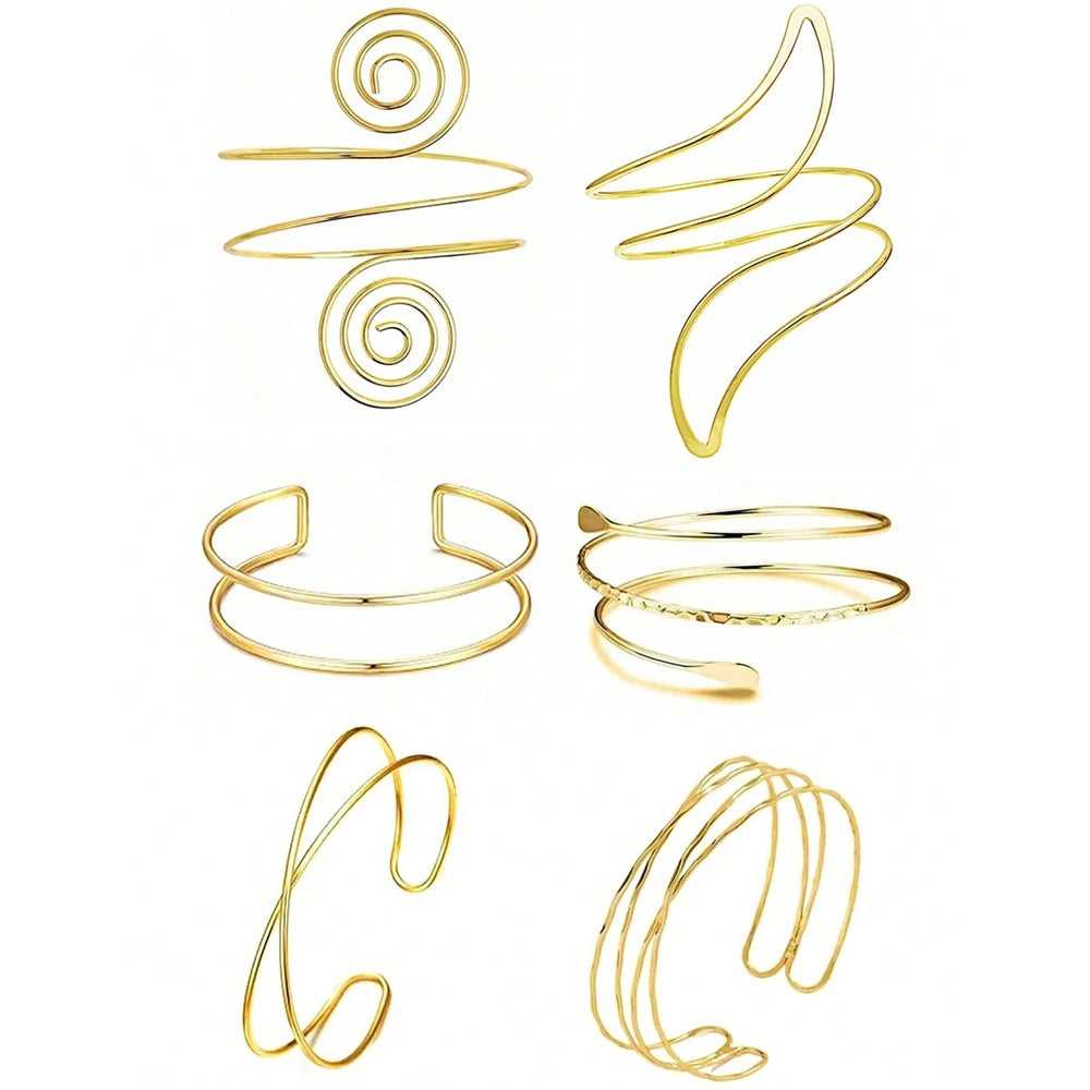 A set of six gold-plated swirl cuff armbands displayed against a white background.